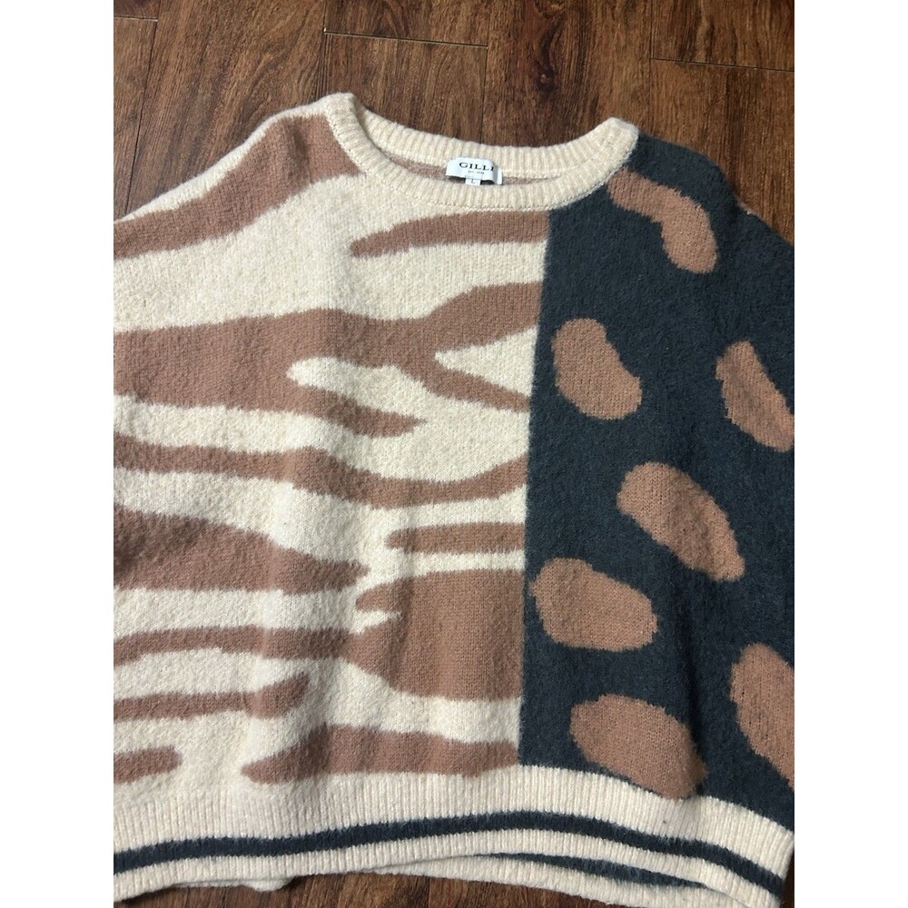 Gilli Womens L Animal Print Sweater Zebra Leopard Colorblock Fuzzy Pullover
